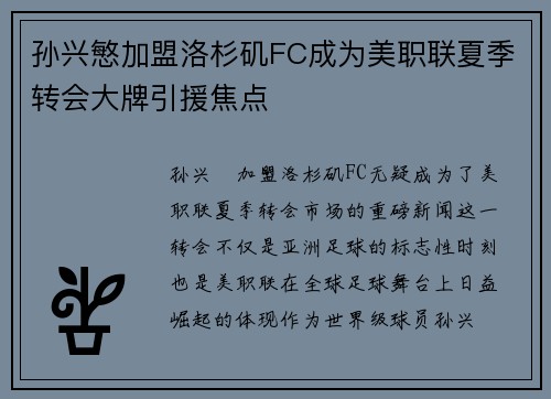 孙兴慜加盟洛杉矶FC成为美职联夏季转会大牌引援焦点 孙兴慜加盟洛杉矶FC成为美职联夏季转会大牌引援焦点